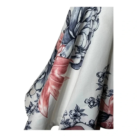 UNKNOWN BRAND FLORAL SWIRL PELPUM DRESS SEE MEASUREMENTS WHITE/NAVY BLUE/PINK - Picture 12 of 12